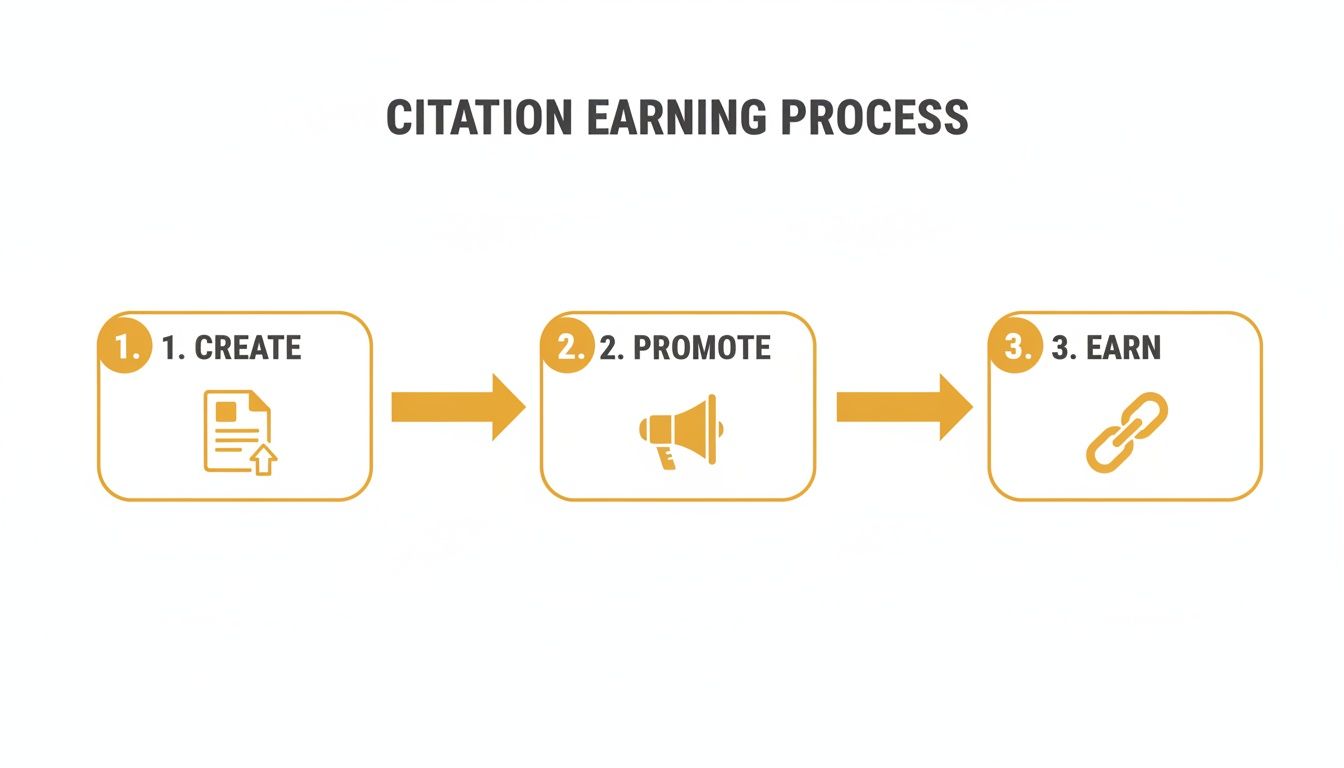 Diagram outlining the three-step citation earning process: create content, promote it, and earn citations.