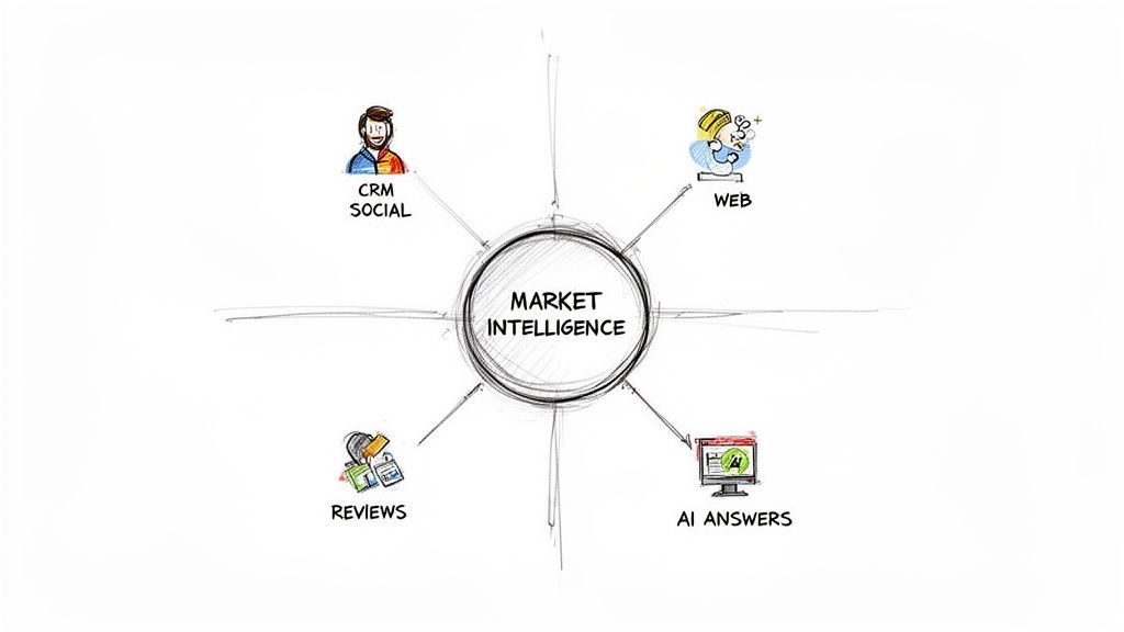 Infographic illustrating market intelligence sources like CRM, social media, web data, customer reviews, and AI insights.