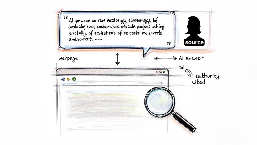 A sketch illustrating an AI answer generated from a webpage, with source and authority cited.