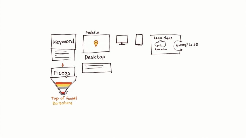 A whiteboard sketch illustrating keyword research, mobile and desktop search, and a marketing funnel, relevant for keyword tracking.