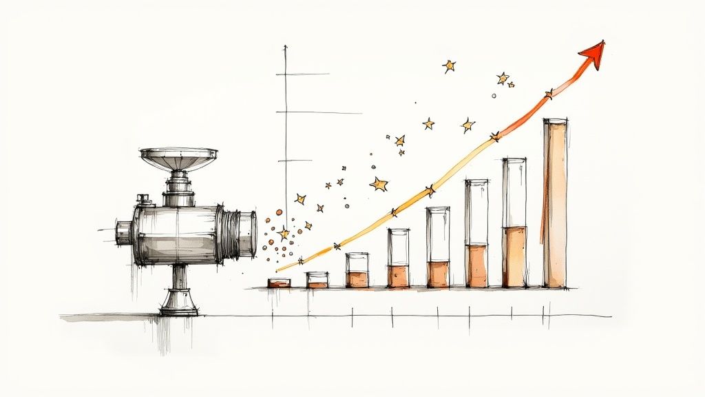 A hand-drawn illustration depicting a funnel mechanism feeding into an upward trending bar chart with stars.