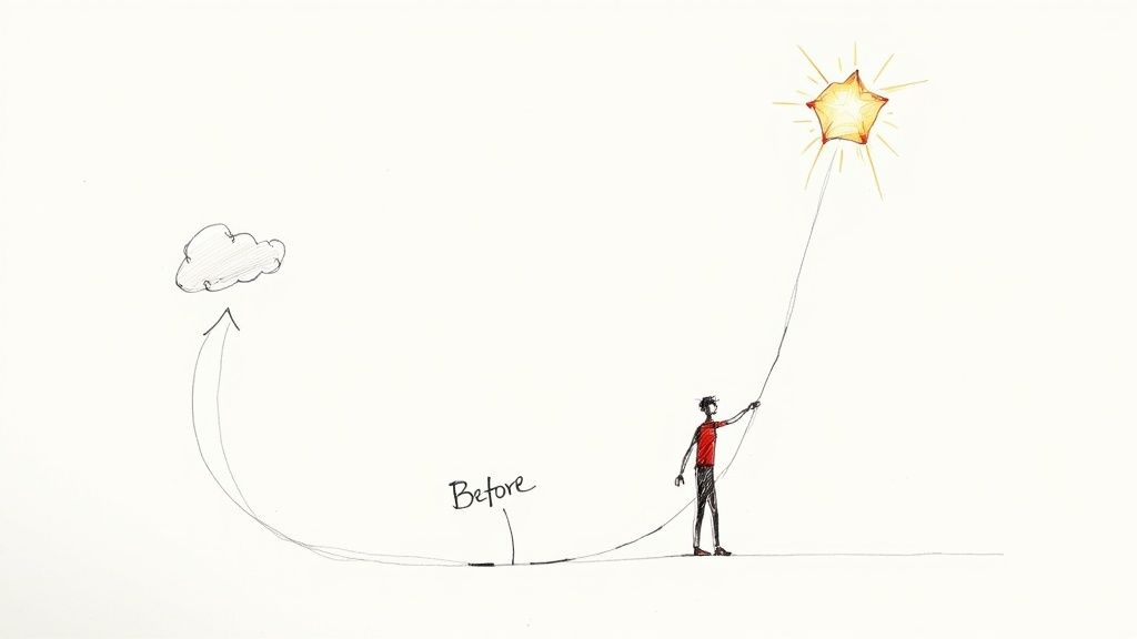 A stick figure holds a string to a bright star kite, illustrating a journey from a cloud 'before' to a shining goal.