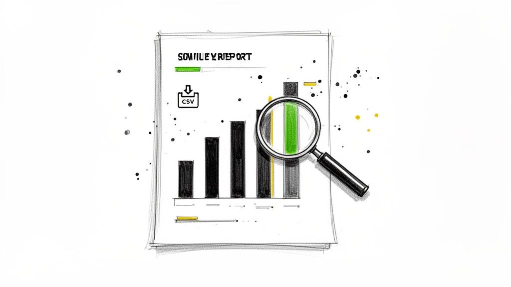 Hand-drawn image of a 'Sommiley Report' with bar charts, a CSV download icon, and a magnifying glass.