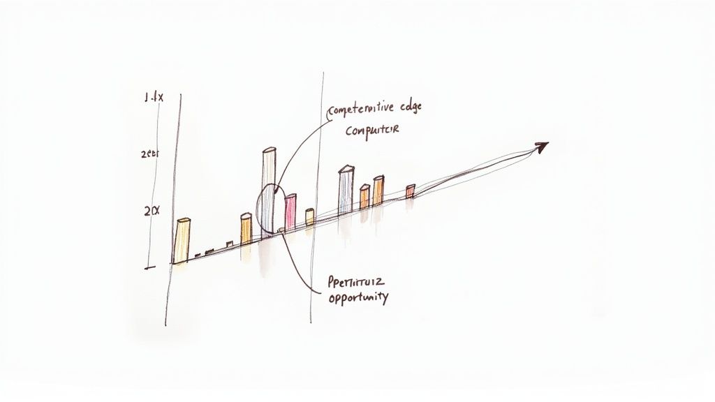 Hand-drawn sketch of a bar chart illustrating competitive edge and growth opportunity over time.