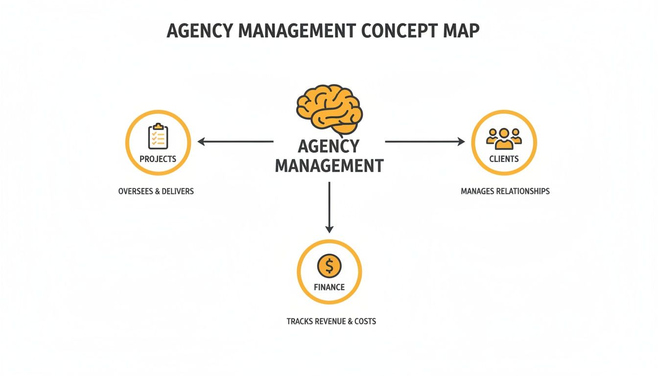 Concept map illustrating agency management's core functions: projects, clients, and finance.