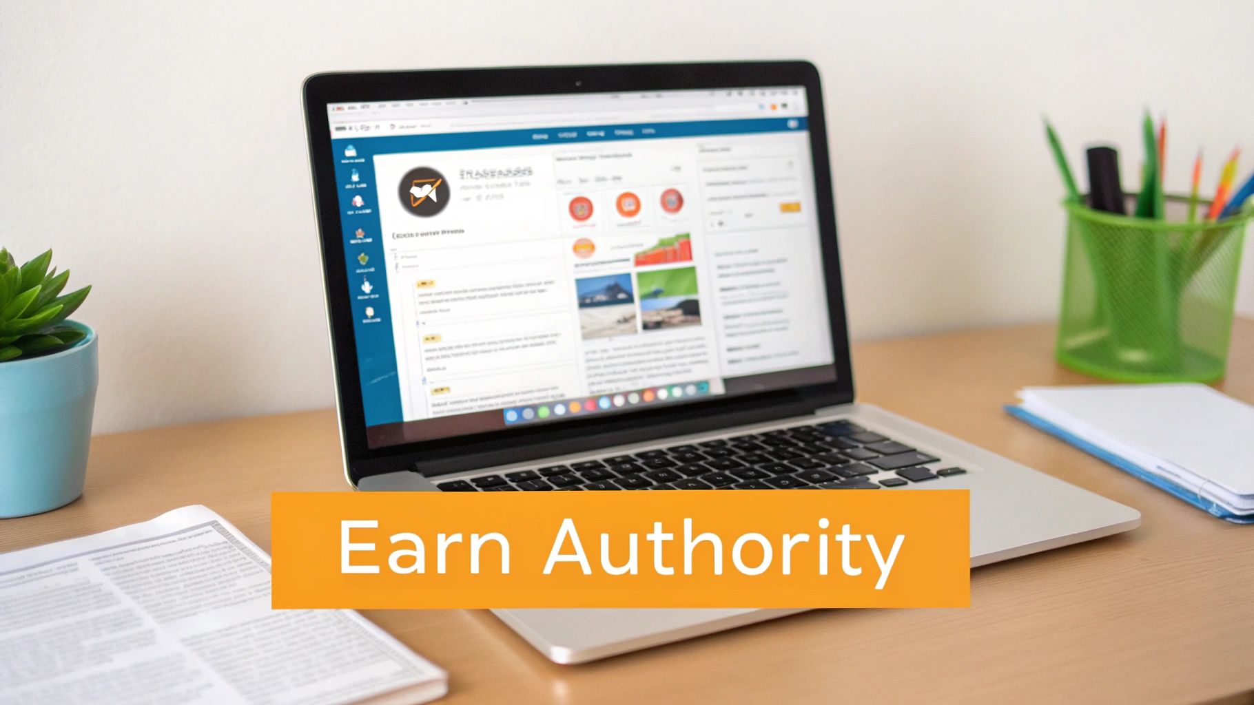 A graphic showing a website with links pointing to it, symbolizing authority building.