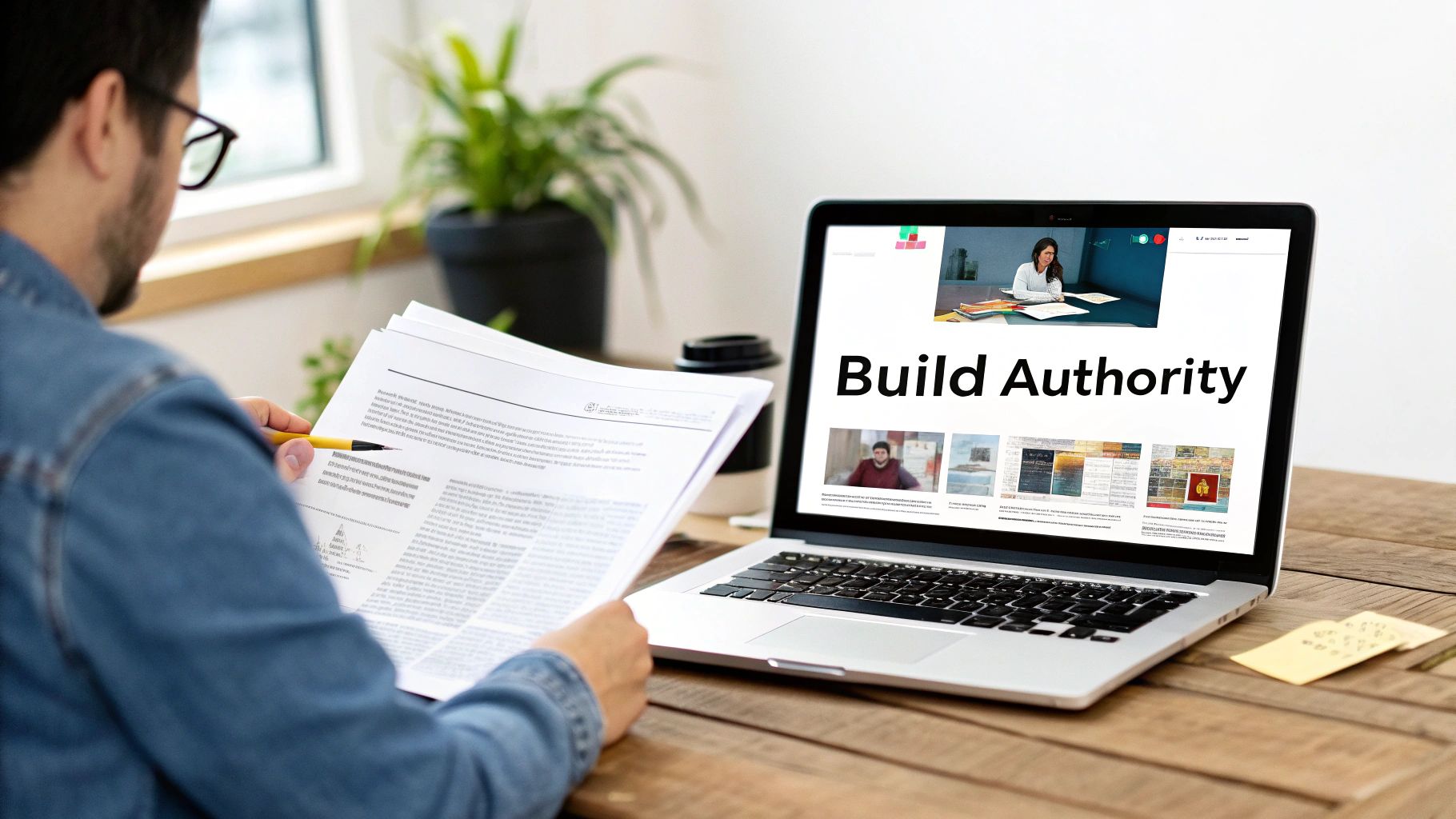 An image showing a person working on a laptop at a desk, symbolizing the foundational work needed to build an SEO client roster.