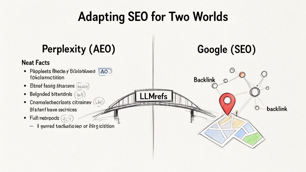Visual comparison of Perplexity (AEO) and Google (SEO) strategies, illustrating their distinct approaches.