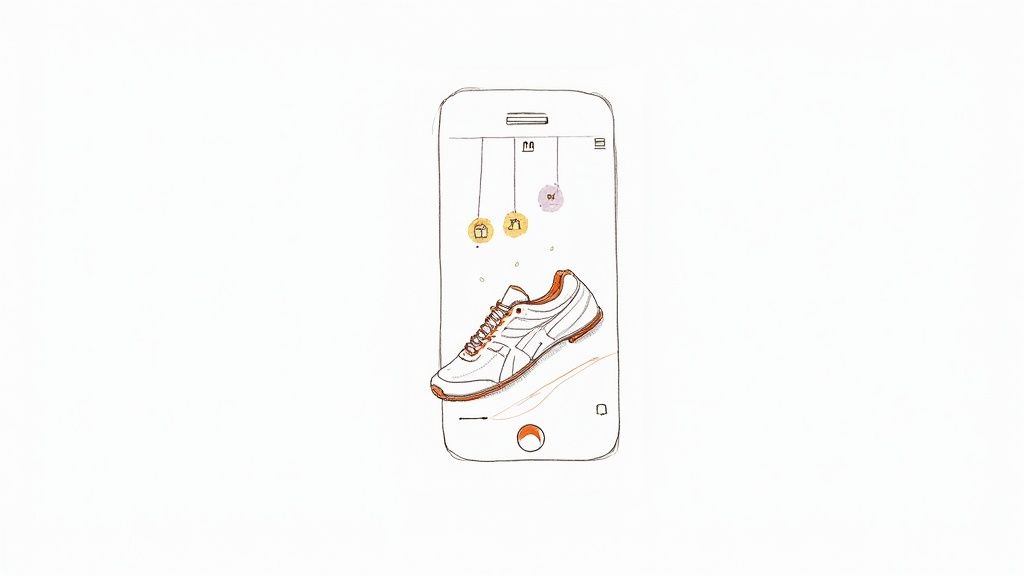 A hand-drawn illustration of a smartphone displaying a white and orange sneaker with floating icons.