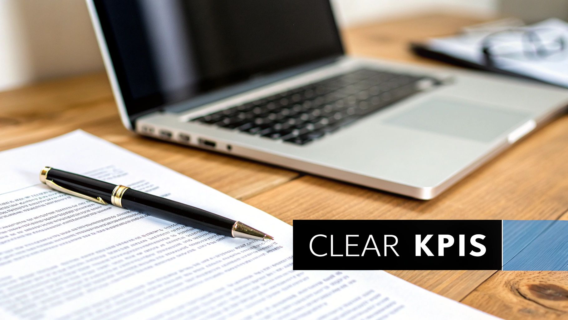 Professional business desk with laptop, documents, and pen displaying clear KPIs text overlay