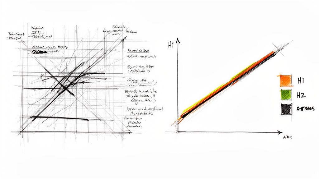 Two hand-drawn sketches: a complex grid with notes and a line graph visualizing H1, H2, and a third series.