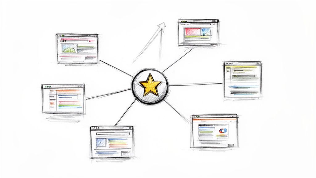 A central star icon connecting to six web browser windows, representing a digital hub.