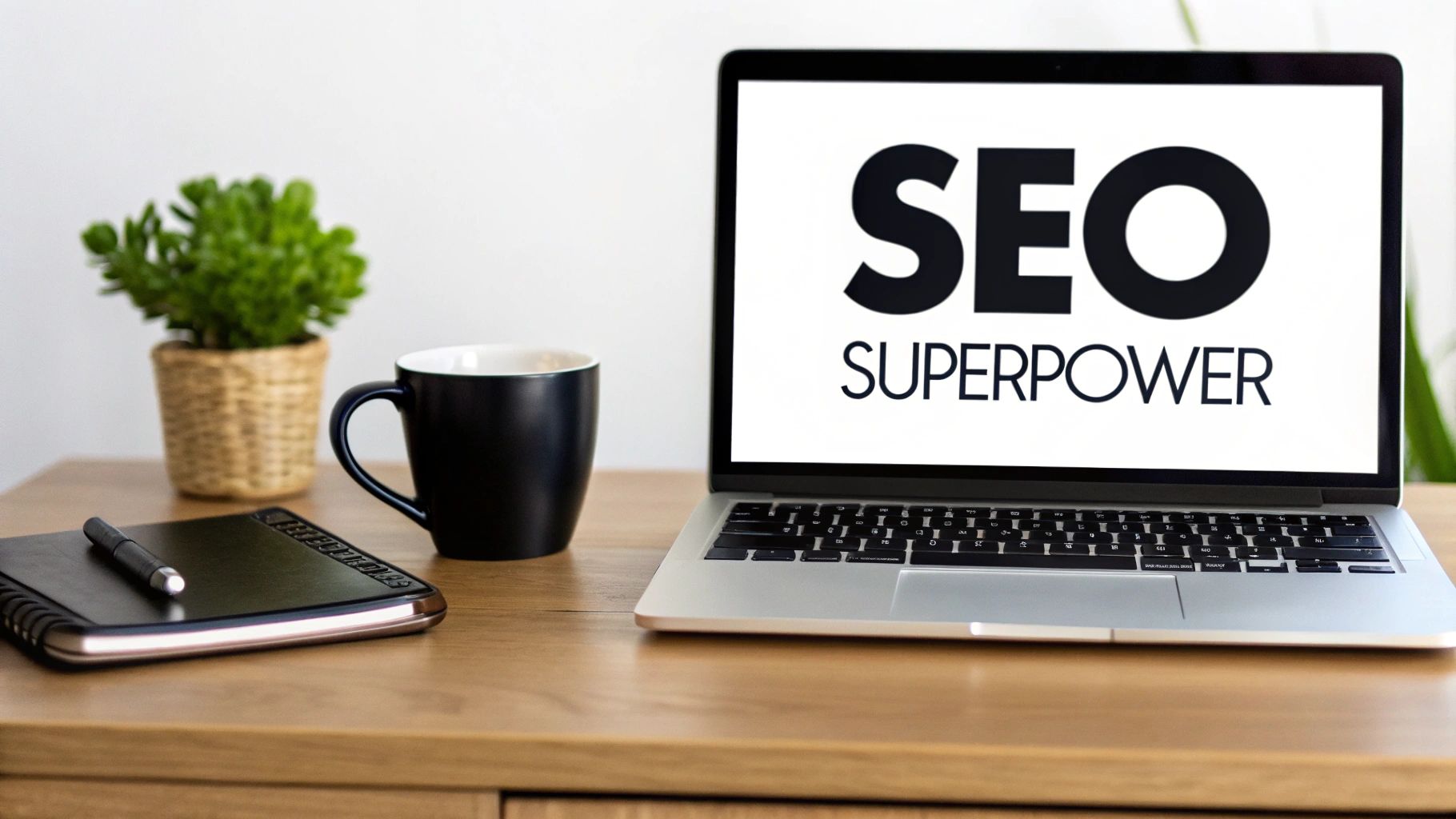 A laptop screen displays 'SEO SUPERPOWER' next to a black coffee mug, green plant, and notebook on a wooden desk.