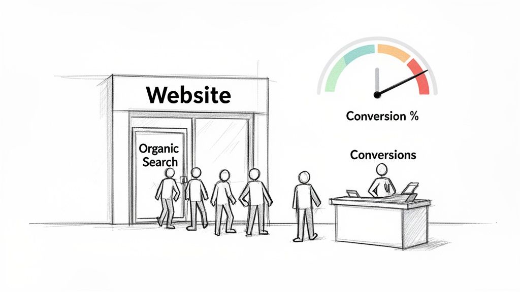 Website traffic from organic search funnels into conversions, measured by a conversion rate gauge.