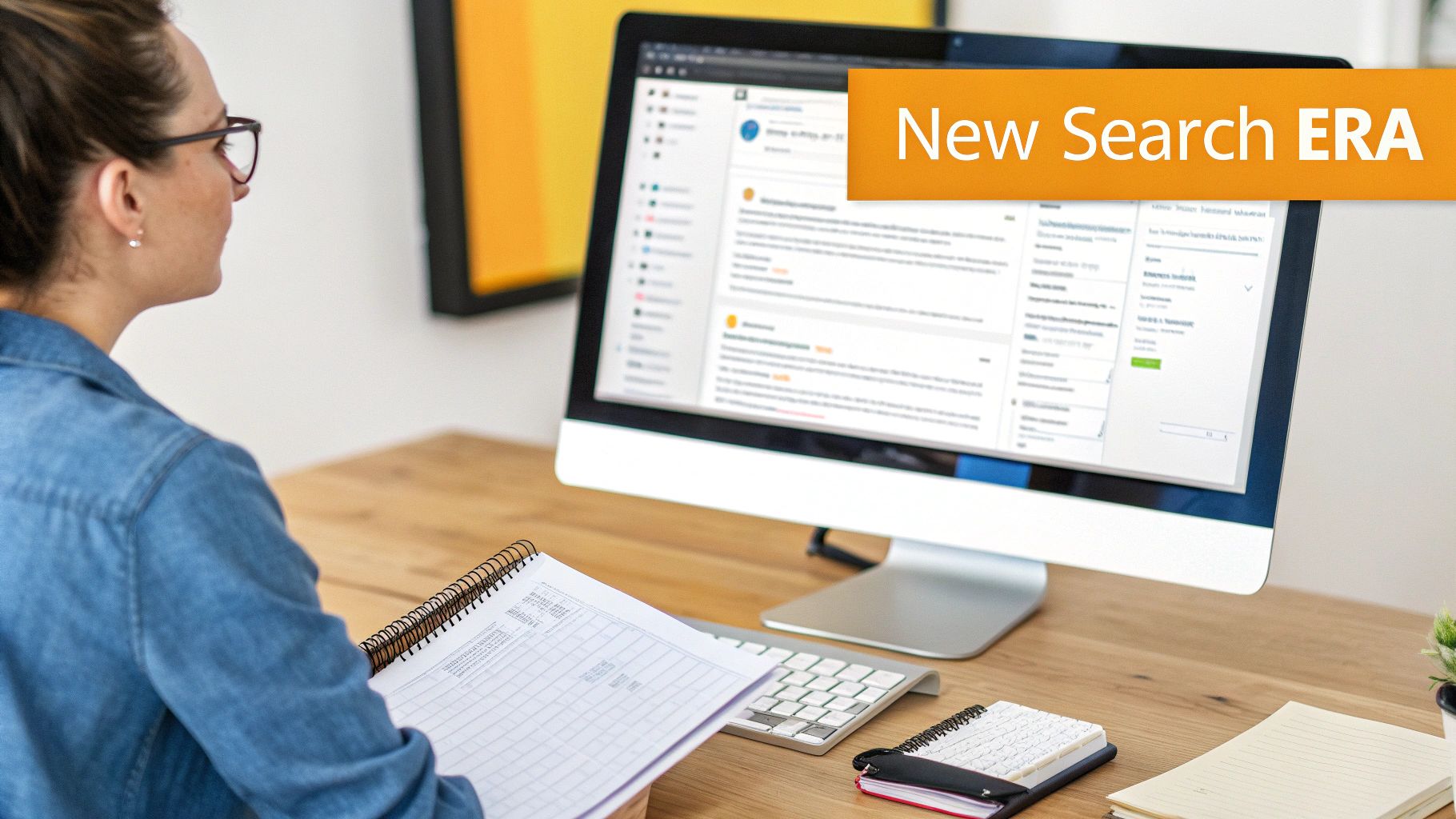A person interacting with a futuristic AI search interface