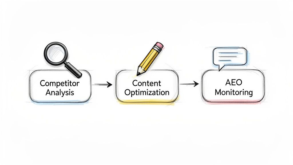 A flow chart depicting three steps: competitor analysis, content optimization, and AEO monitoring.