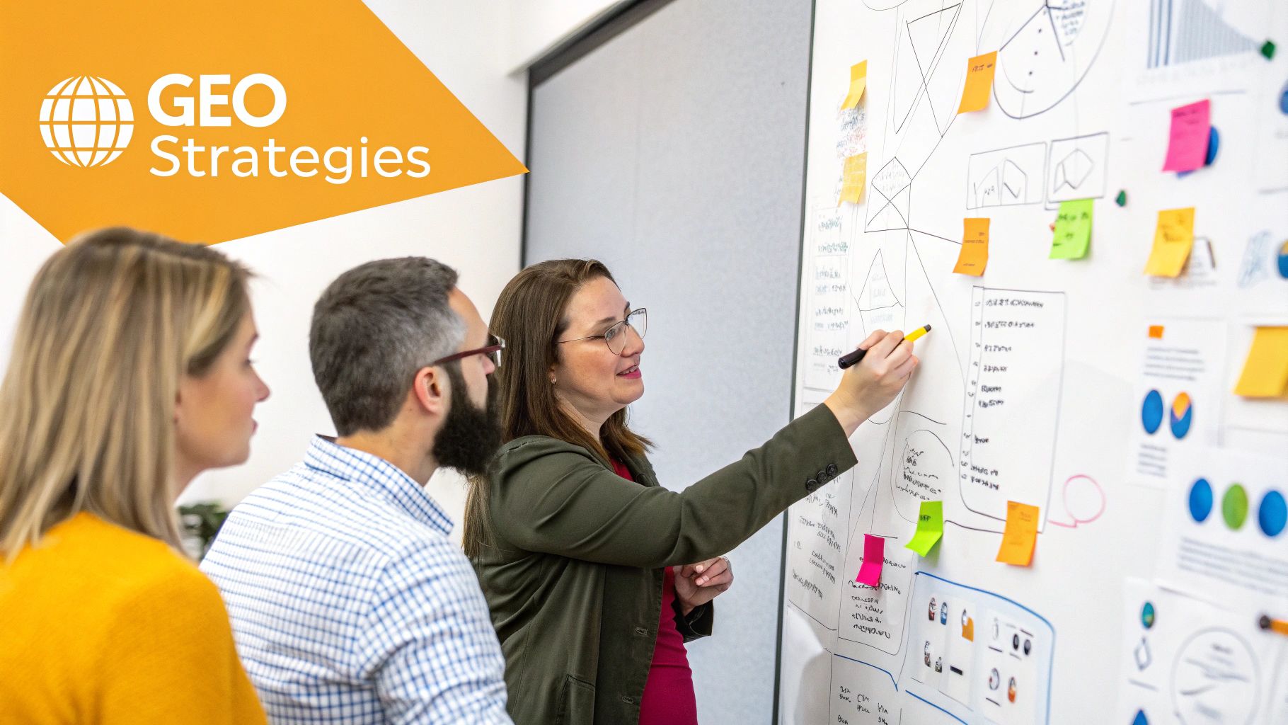A person at a whiteboard drawing out a strategic plan with nodes and connections, representing a GEO playbook.