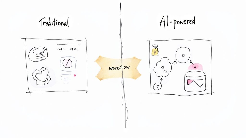 Hand-drawn comparison of traditional versus AI-powered workflows, showing abstract diagrams and processes.