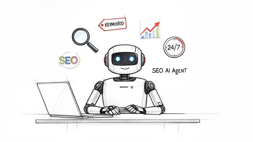 Friendly AI robot, an SEO agent, at a desk with laptop, surrounded by SEO tools.
