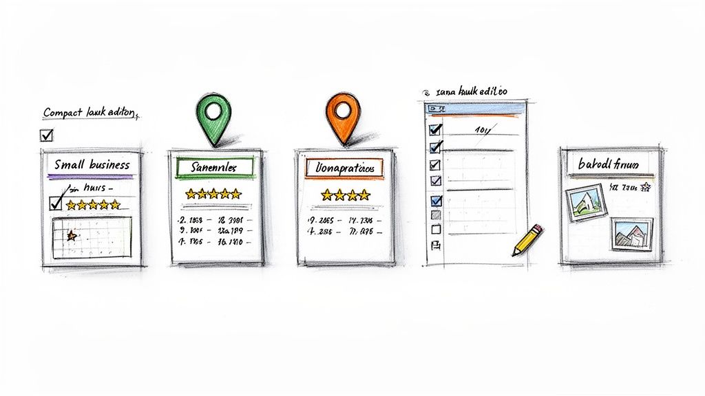 Hand-drawn sketches of local business listing cards with ratings, map pins, and checklist elements.