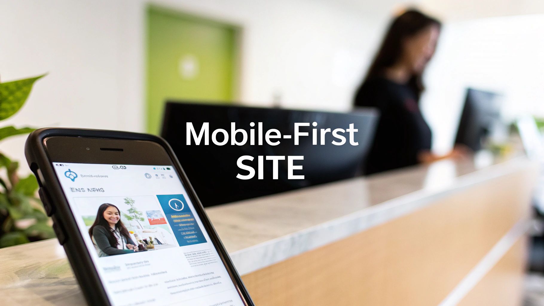 Mobile phone displaying website on desk with person working in background showing mobile-first design approach