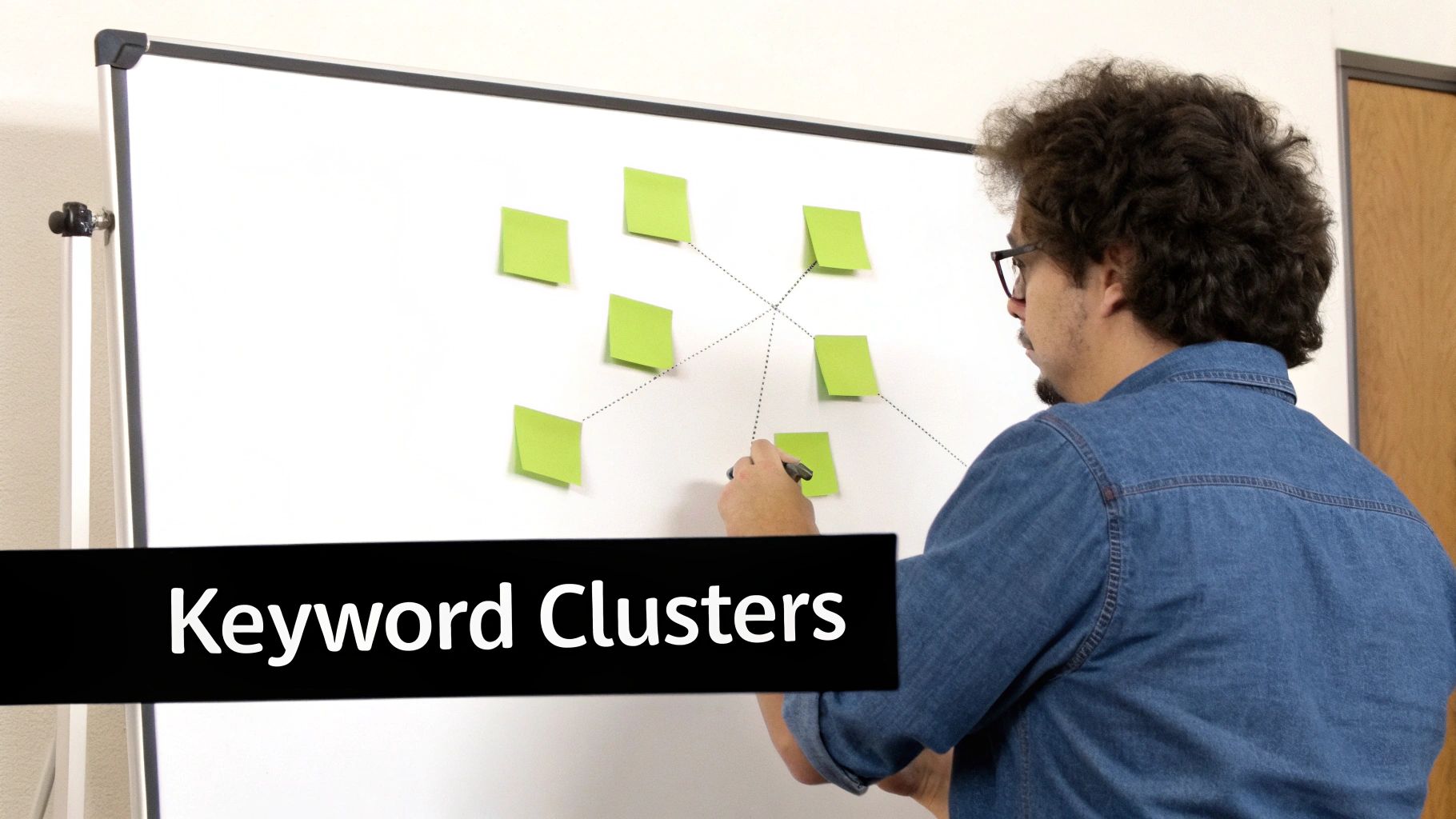 A man draws lines between green sticky notes on a whiteboard, illustrating keyword clusters.