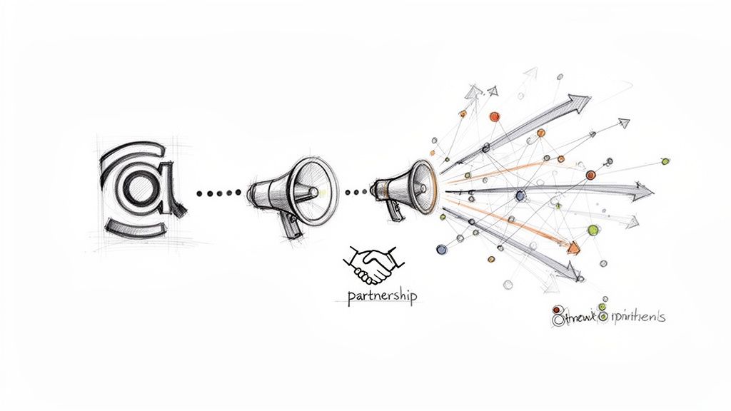 Sketch illustrating a brand's message being amplified through a partnership, leading to widespread communication.