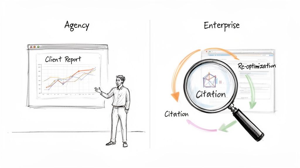 An agency presenting a client report compared to an enterprise's SEO citation and re-optimization process.