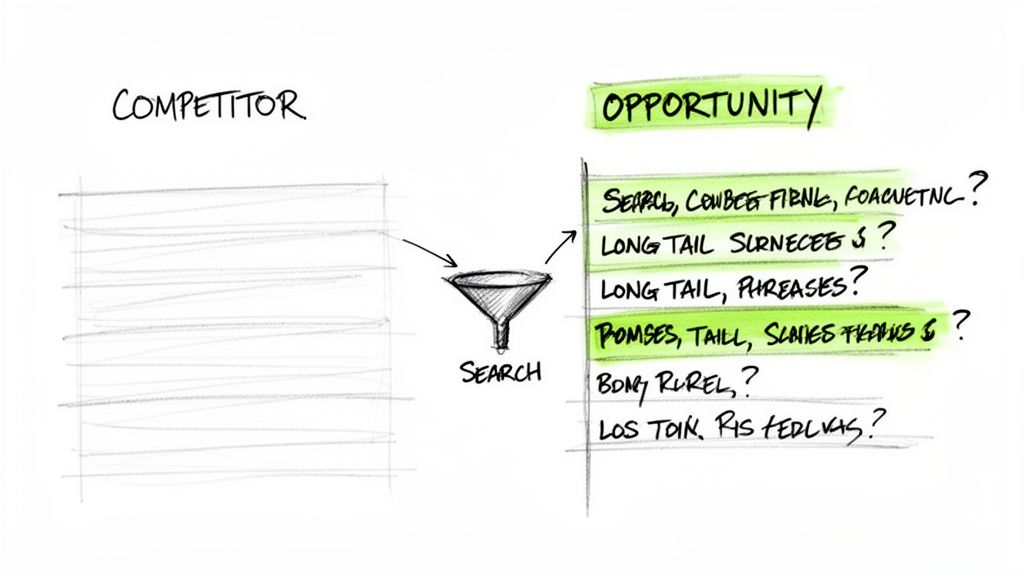 A hand-drawn diagram showing competitor data filtered by search to reveal SEO opportunities, including long-tail phrases.