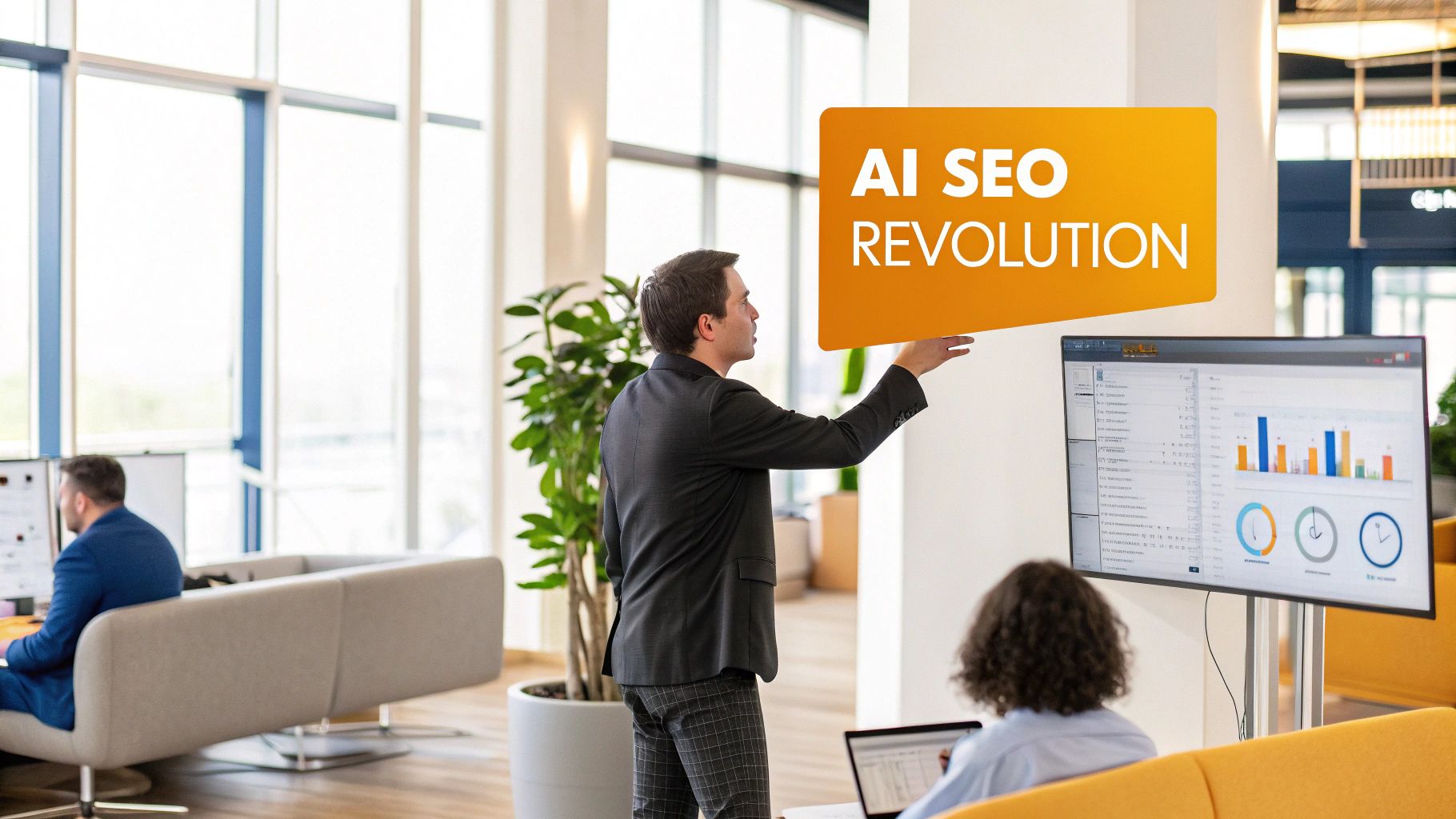A person working on a laptop with charts and graphs in the background, representing AI SEO optimization.