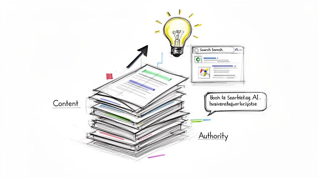 Content and authority documents lead to a light bulb idea and search engine success.