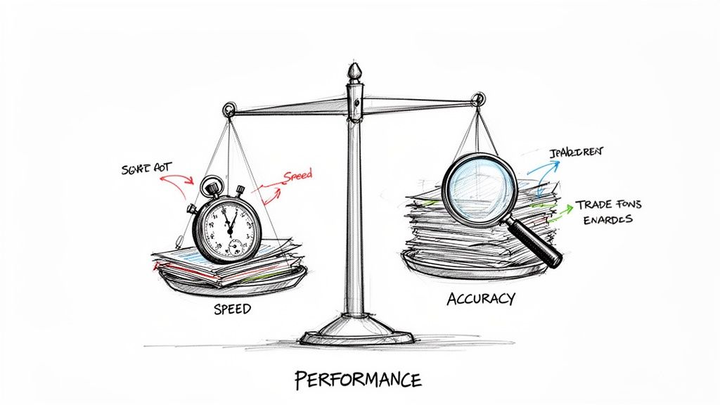A hand-drawn balance scale illustrating performance, with speed (stopwatch) on one side and accuracy (magnifying glass) on the other.