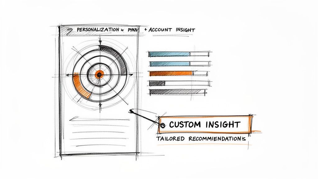 A diagram sketching personalization, account insights, and tailored recommendations for client communication strategy.