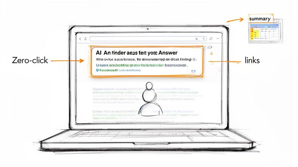 A sketch of a laptop displaying a search engine results page with a zero-click answer and a summary.