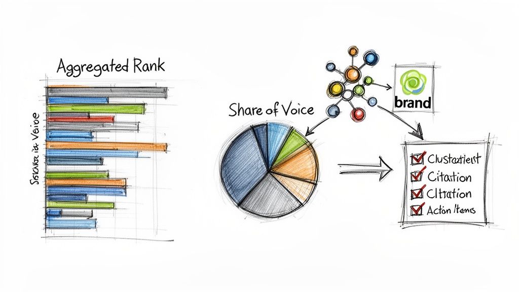 Data visualization showing aggregated rank bar chart, share of voice pie chart, network diagram, brand, and action items checklist.