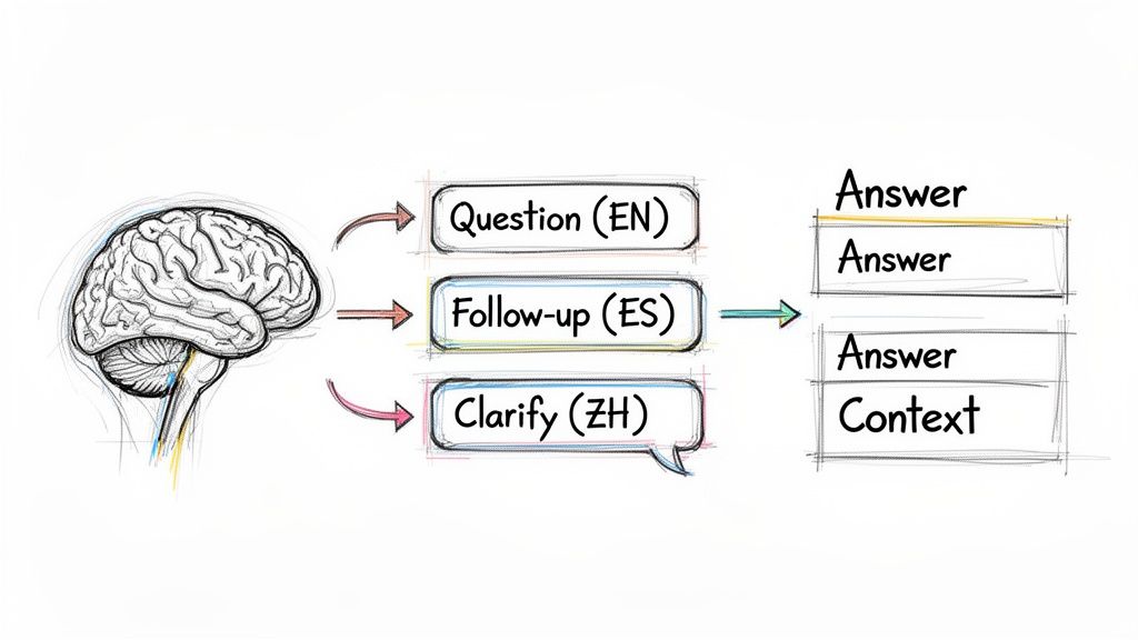 A diagram illustrating a brain processing multilingual inputs (English, Spanish, Chinese) to generate diverse answers and context.