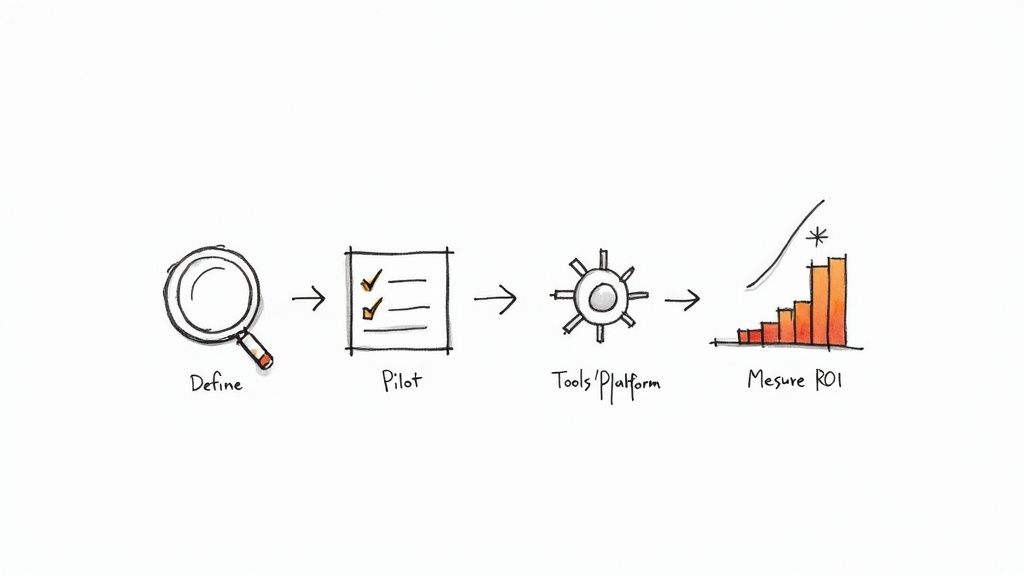 A hand-drawn process flow diagram illustrating four steps: Define, Pilot, Tools/Platform, and Measure ROI.