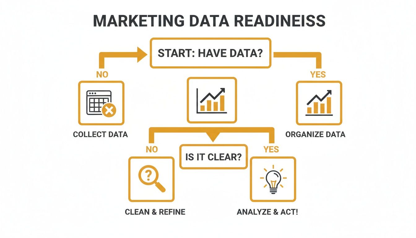 A flowchart illustrating the marketing data readiness process from collection to analysis and action.