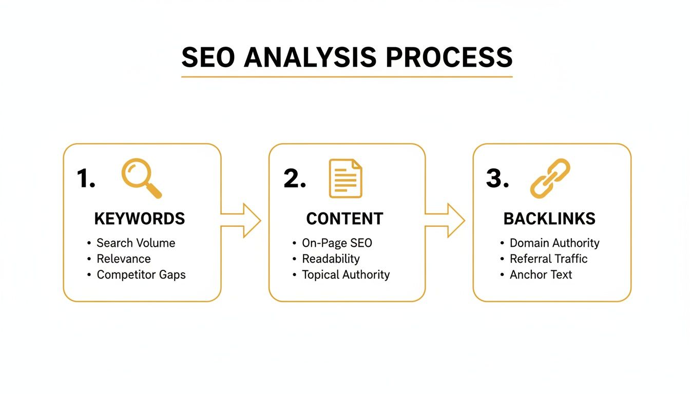 Diagram illustrating the SEO analysis process, covering keywords, content optimization, and backlink strategies.