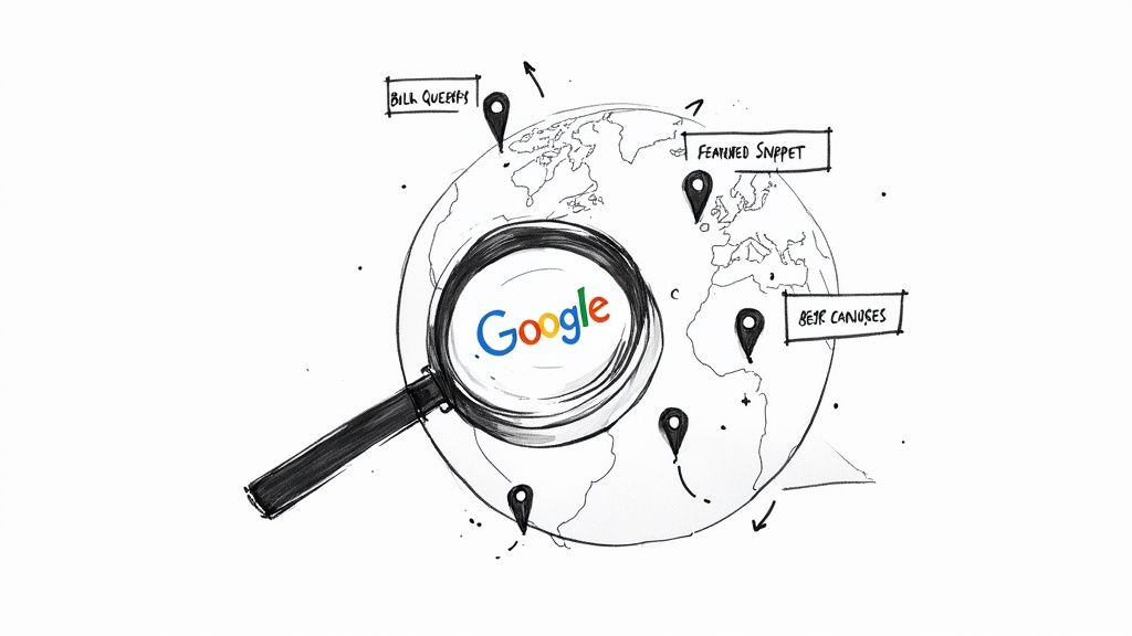 A hand-drawn globe with a magnifying glass showing Google logo, location pins, and SEO labels.