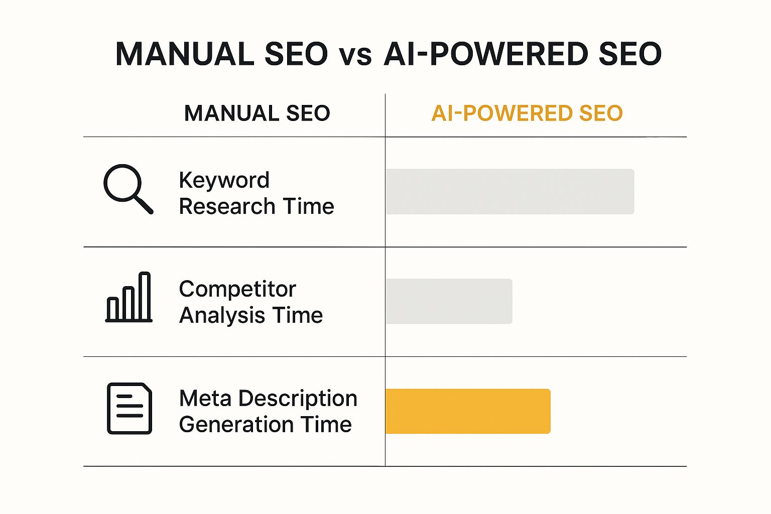 Infographic comparing the time spent on manual SEO tasks versus AI-powered SEO tasks for keyword research, competitor analysis, and meta description generation.