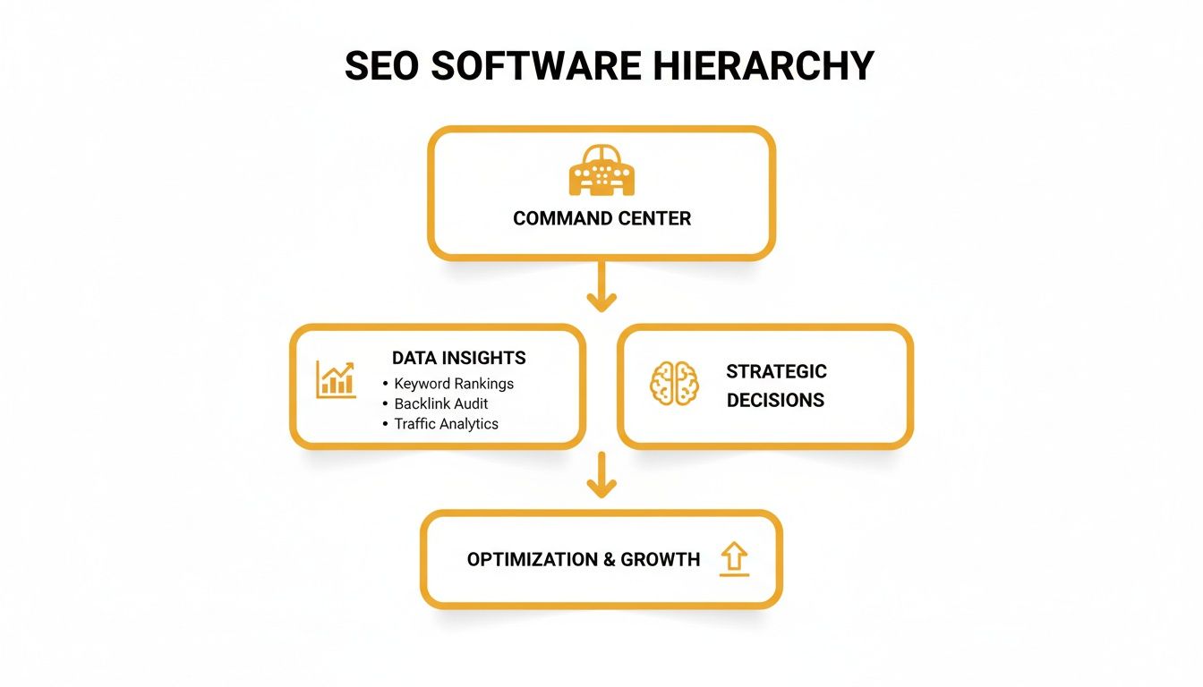 A diagram illustrating SEO software hierarchy, flowing from command center to data insights, strategic decisions, and ultimate optimization.