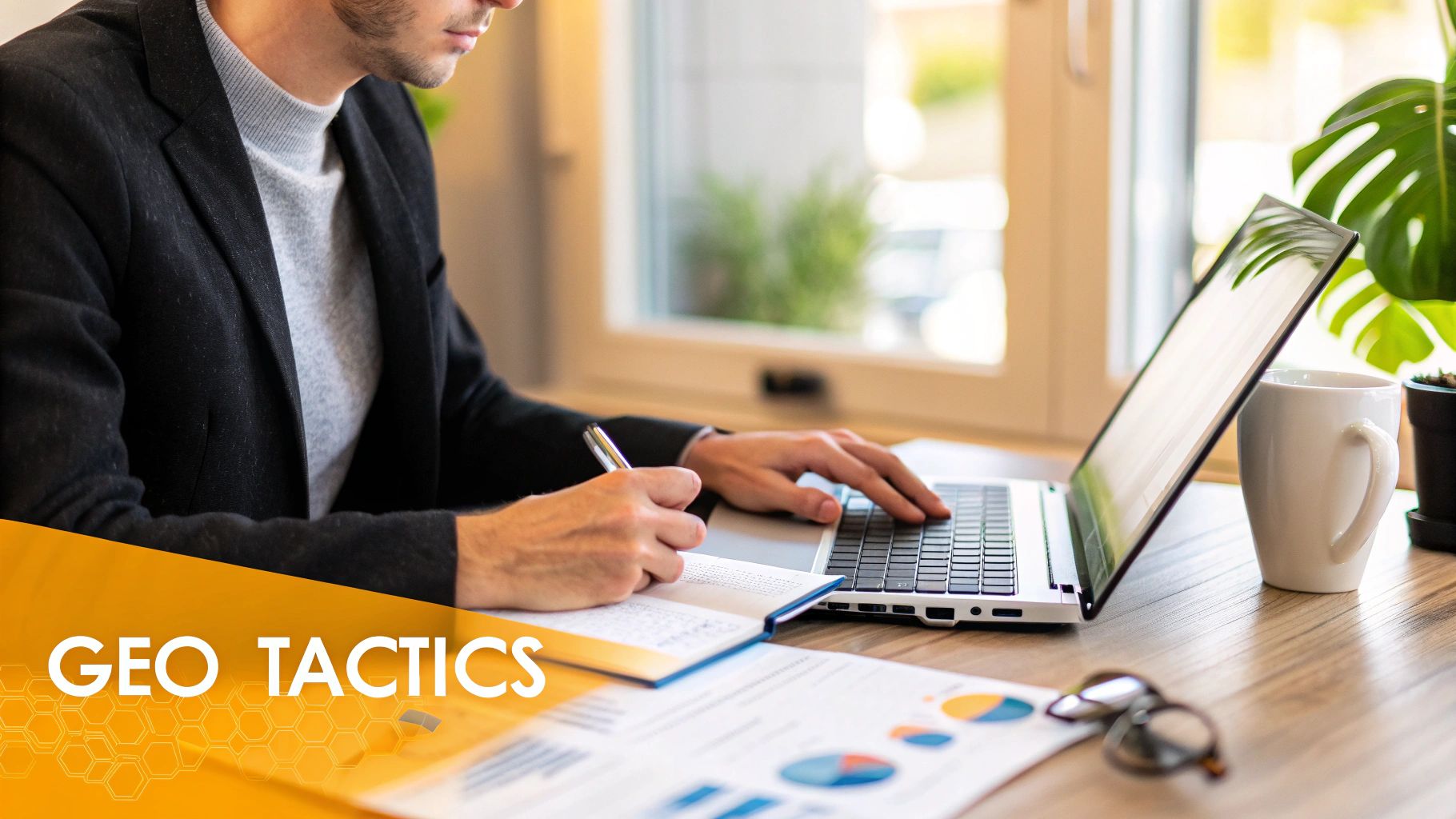 A person working on a laptop with charts and graphs in the background, symbolizing strategic action.
