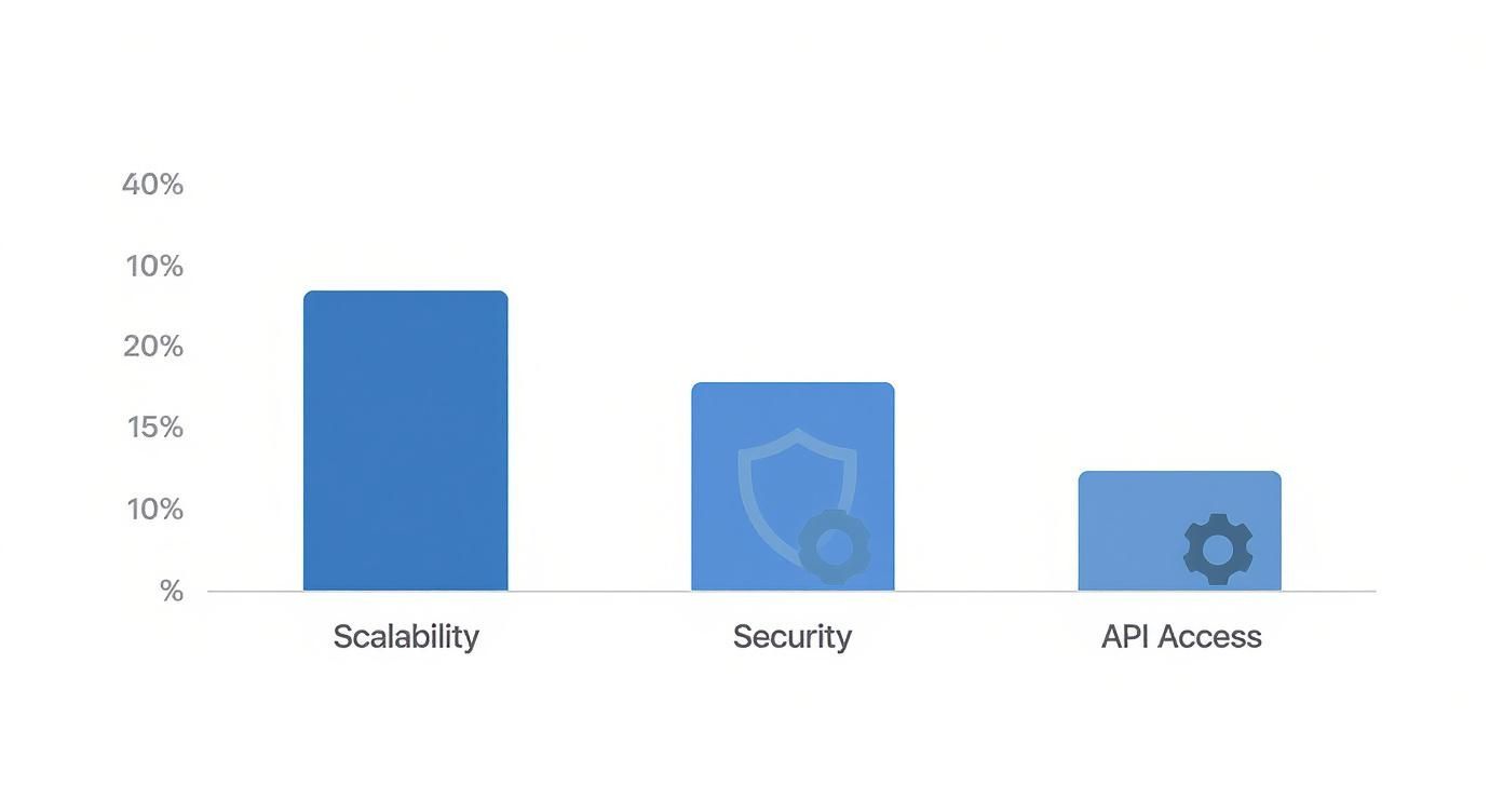 Bar chart illustrating data percentages for Scalability, Security, and API Access features.