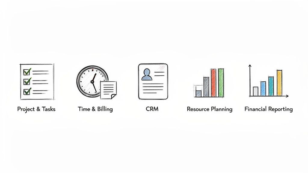 Hand-drawn icons depicting project management, time tracking, CRM, resource planning, and financial reporting.