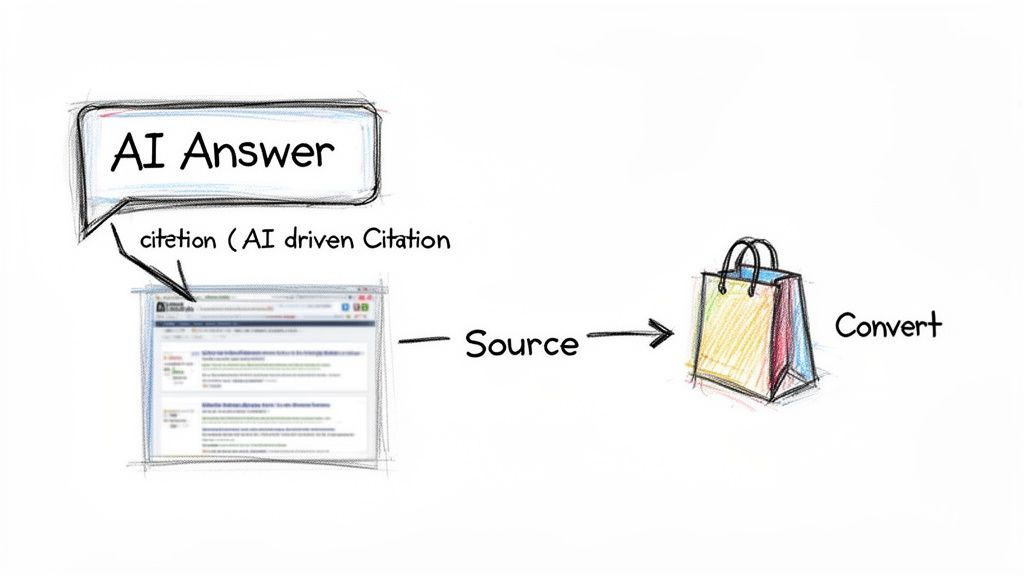 A diagram illustrates an AI answer with an AI-driven citation from a web source, leading to a conversion process.