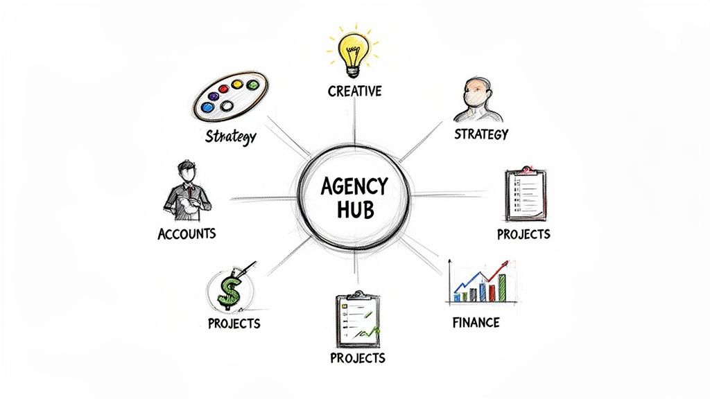 Diagram illustrating an agency hub connected to functions like creative, strategy, accounts, projects, and finance.