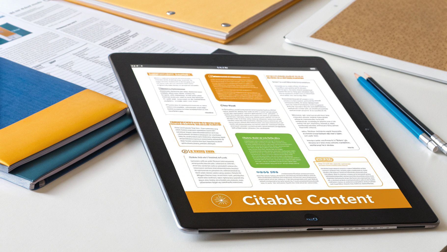 A digital illustration showing interconnected nodes of information, representing the core principles of citable content for AI.
