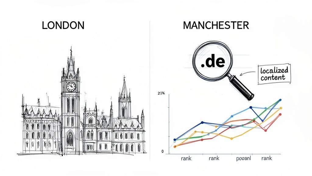 Hand-drawn image contrasting London's landmark with SEO strategies for localized content and geo rank tracking.