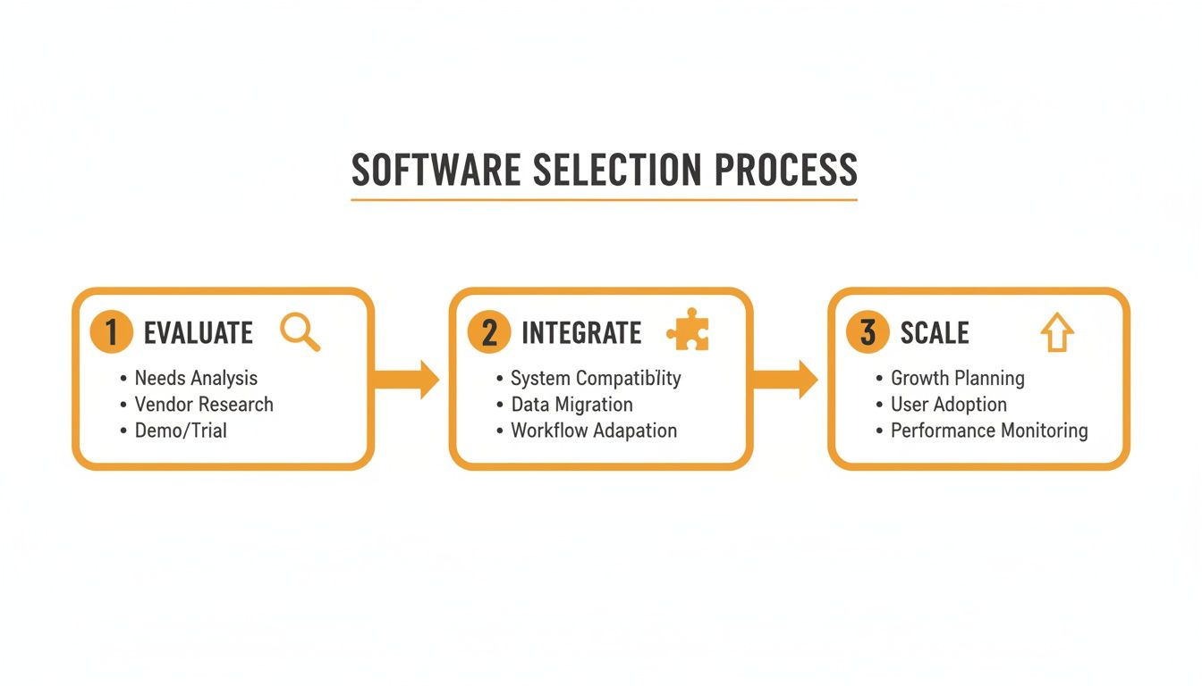 Flowchart illustrating a three-step software selection process: evaluate, integrate, and scale with key actions.